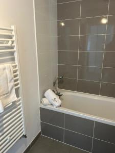 uma casa de banho com uma banheira e um chuveiro com toalhas em Appartement meublé T3 Béziers em Béziers