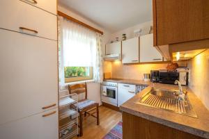 una pequeña cocina con fregadero y ventana en Ferienhaus Englacher, en Ebensee