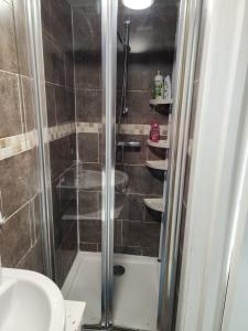 a bathroom with a shower and a sink at Studio Apartment at Chadwell Heath in Romford