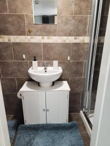 a bathroom with a white sink and a shower at Studio Apartment at Chadwell Heath in Romford