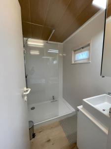 een badkamer met een douche en een wastafel bij Chalet n°32 in Middelkerke