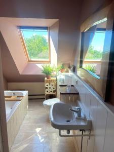 uma casa de banho com um lavatório, uma banheira e uma janela em Ark van Thesinge 