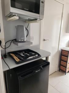 a microwave sitting on top of a black refrigerator at Studio Apartment at Chadwell Heath in Romford