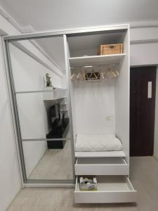 einen begehbaren Kleiderschrank mit einem Spiegel im Zimmer in der Unterkunft Tree V House in Chiajna