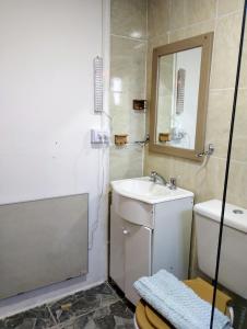 a bathroom with a sink and a toilet and a mirror at Lo de Facu in Puerto Pirámides