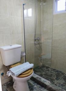 a bathroom with a toilet and a glass shower at Lo de Facu in Puerto Pirámides