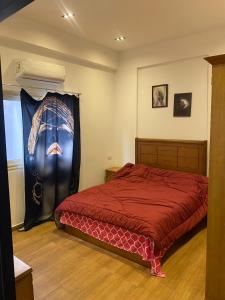 a bedroom with a red bed and a window at Via broker in Cairo