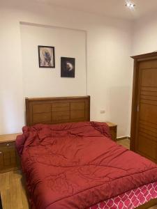 a bedroom with a red bed with two pictures on the wall at Via broker in Cairo