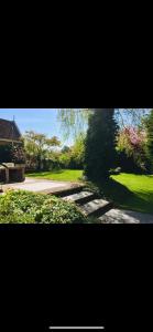 a view of a garden with trees and grass at In the old City Centre of Edam, unique apartment. in Edam