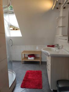 ein Badezimmer mit einem Waschbecken und einem roten Teppich in der Unterkunft Apartments im Almhaus Bachler in Gundisch