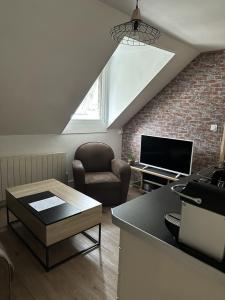 a living room with a couch chair and a tv at Le studio du square: beauval in Romorantin