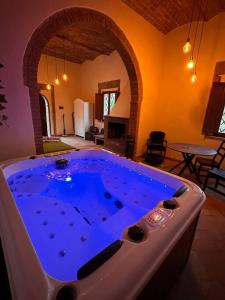 Una gran bañera azul en una habitación con sala de estar. en Relax nella jacuzzi in Toscana, en Colle Val D'Elsa