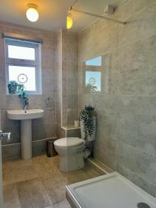 a bathroom with a toilet and a sink at Bright and spacious two bed apartment with roof terrace in Hoddesdon in Hoddesdon