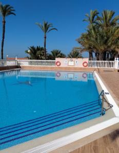 uma piscina com palmeiras ao fundo em Violeta em Los Urrutias