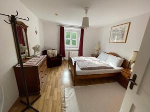 1 dormitorio con cama, silla y espejo en Alpine Blue Apartments, en Griesen