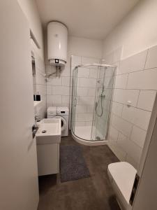 ein Bad mit einer Dusche, einem WC und einem Waschbecken in der Unterkunft Apartmány Přerov 22 in Přerov