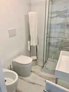 La salle de bains blanche est pourvue d'une douche et de toilettes. dans l'établissement Yuri’s Home, à Turin