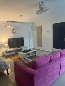 sala de estar con sofá púrpura y TV en Lala Homestay 1, en Kuala Terengganu