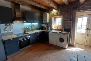 a kitchen with blue cabinets and a washer and dryer at Le Bois Haut in Saint-Jacques-des-Blats