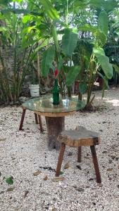uma mesa com uma garrafa em cima de um banco em Casa Mercedes em Valladolid