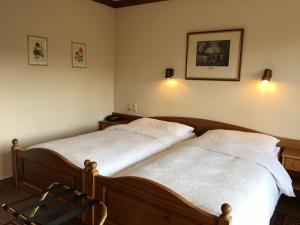 Dos camas individuales en un dormitorio con una silla. en Hotel Belmont, en Crans-Montana