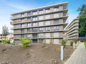 a large apartment building with a garden in front of it at Bright & modern apartments in Sion in Sion
