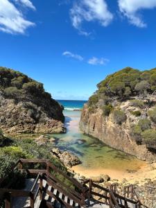 a stairway leading down to a beach with the ocean at Country charm coastal living in Tura Beach