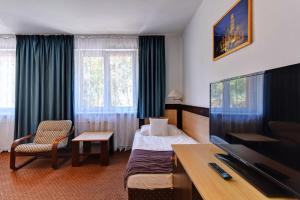 a hotel room with a bed and a flat screen tv at Hotel Adler in České Budějovice