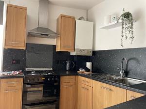 a kitchen with wooden cabinets and a stove and a sink at Flat 1 in Lampeter