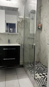 a bathroom with a shower with a sink and a glass shower door at Hôtel Marie Louise in Enghien-les-Bains