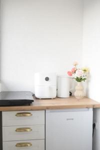 a kitchen counter with flowers and appliances on it at Traveler’s home in Visoko
