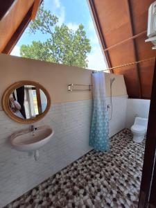 a bathroom with a sink and a mirror and a toilet at D' Carasti Bungalow in Masbagik