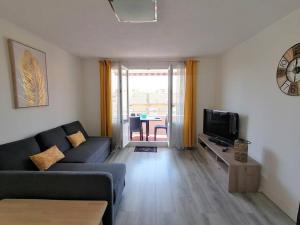 a living room with a couch and a tv at Au petit Bonheur, centre St-Raphaël, 8min à pied plage in Saint-Raphaël