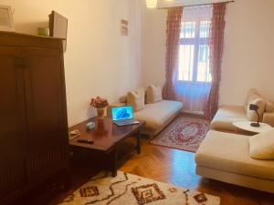 een woonkamer met een bank en een tafel met een laptop bij Casa Young&Jung in Sibiu