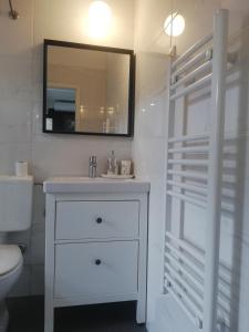 a bathroom with a white sink and a mirror at Apartments Simple Teslina in Zagreb