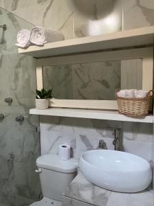 een badkamer met een toilet, een wastafel en een spiegel bij Casa Mercedes in Valladolid