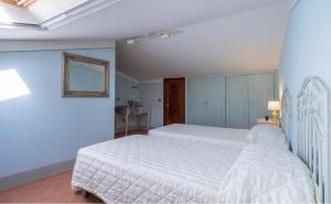 ロンタにあるVilla Geriniの青い壁のベッドルーム1室(大きな白いベッド1台付)