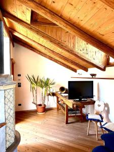 een woonkamer met een televisie en een houten plafond bij Casa Gianmoena in Cavalese