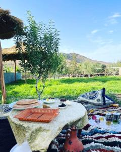 een picknicktafel met eten op een veld bij DAR MIMONA 