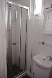 a bathroom with a shower and a toilet and a sink at Immaculately Presented Detached Family Chalet - 5 mins to beach, nr Great Yarmouth & Norfolk Broads in Great Yarmouth