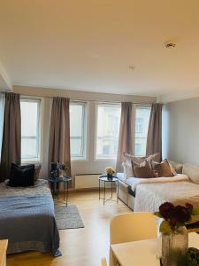 Moderne leilighet i sentrum av Sandefjord في سانديفيورد: غرفة معيشة بها سريرين وأريكة