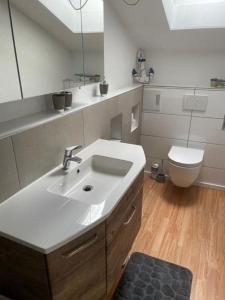 a bathroom with a sink and a toilet at Ferienwohnung "do is schee" in Blaibach