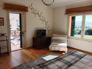 Sala de estar con cama y TV en Villa luce e relax en Saturnia