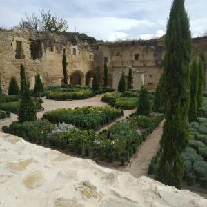 un jardín con árboles y plantas frente a un edificio en La Ondina, en Salazar