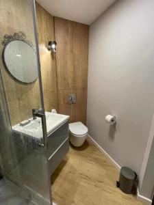 a bathroom with a toilet and a sink and a shower at Łódź You Like in Łódź