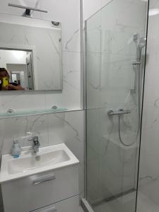 ブラチスラヴァにあるSunny House Threeのシャワー、洗面台、鏡を備えたバスルーム