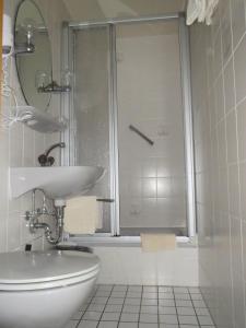 a bathroom with a shower and a sink and a toilet at Hotel und Gästehaus Gute Quelle in Cochem