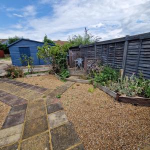 a garden with a blue building and some plants at Stylish bungalow with complimentary breakfast on the first morning in Lancing