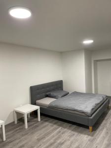 1 dormitorio con 1 cama y mesa auxiliar en Penzion Fortuna Žatec en Žatec