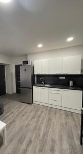 a kitchen with white cabinets and a refrigerator at Penzion Fortuna Žatec in Žatec